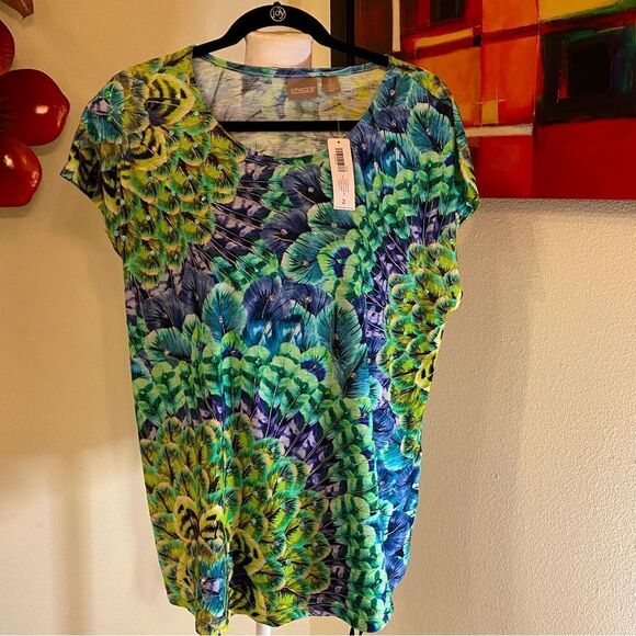 CHICO’S SCOOP NECK SLEEVELESS TOP FEATHER FANS PATTERN FLORAL PURPLE GRE… - Picture 9 of 12